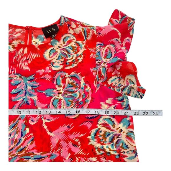W5 Women Bright Red Floral Print Top Blouse SZ L  Flared Short Sleeve Pullover - Picture 5 of 11